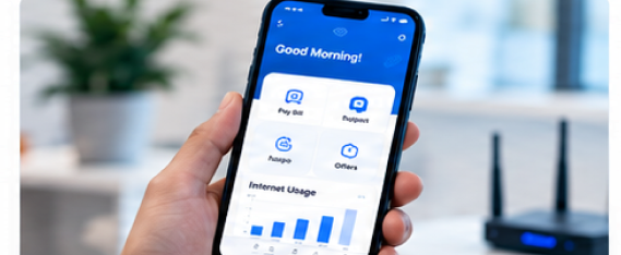 Hand holding a phone showing an ISP customer app with usage and payment options
