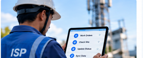 ISP field technician in a hard hat checking work orders on a tablet