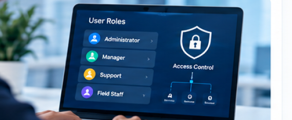 Laptop screen listing user roles with an access-control shield icon