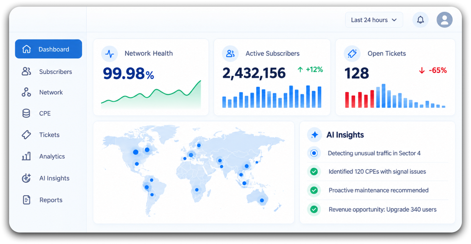 IconRadius dashboard showing network health at 99.98%, active subscribers, open tickets, a world map of points of presence and AI insights