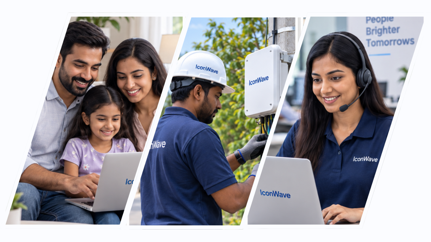 IconWave teams and subscribers — family online, field technician, support agent