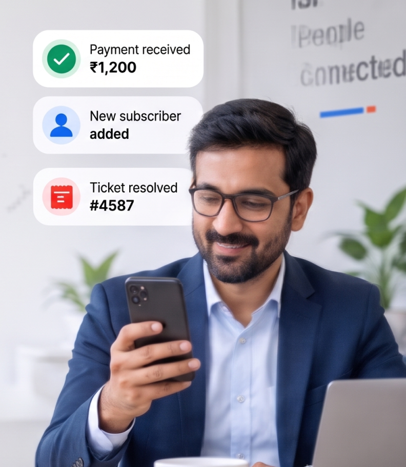 Notifications for payment received, new subscriber added, and ticket resolved, with a team member using the IconWave mobile app